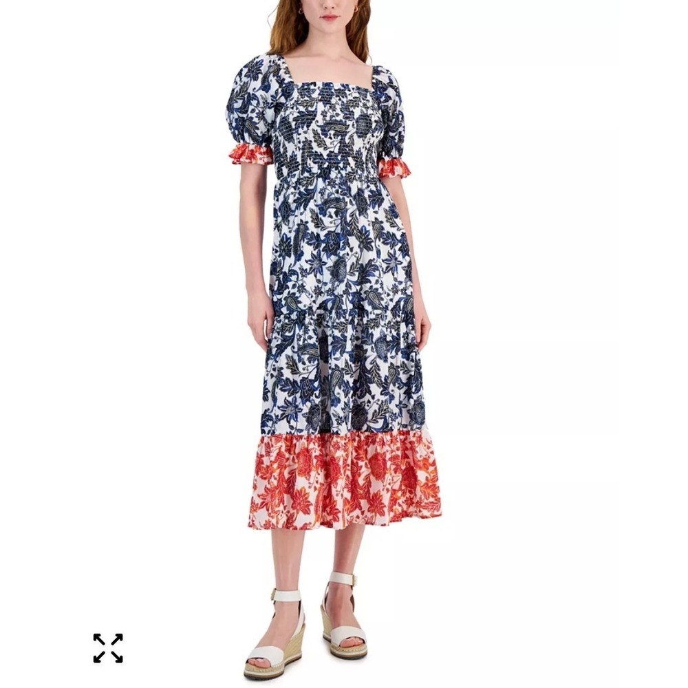 Tommy Hilfiger Women's Batik Floral Smocked Midi Dress Medium Tiered Puff Sleeve